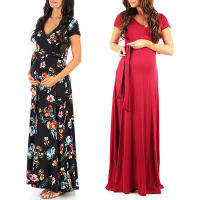 2020 summer V-neck short sleeve Maternity dresses fashion printing pregnant women clothing nursing long dress Q0702