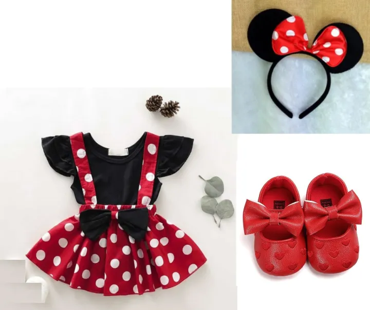 4 pc Baby Minnie Mouse Dress Jumper Polka Dots Shoes Headband Birthday  Girls New Year Ootd Red Black | Lazada PH