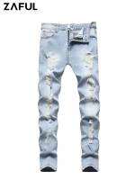 ZAFUL กางเกงยีนส์ผู้ชายกลางเอว Slim Light Blue ยาวกางเกงยีนส์ซิปข้อเท้ายาวกางเกง Ripped Denim กางเกงกระเป๋า Z4997729