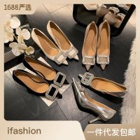 The rv female shoes crystal diamond buckle pointed high-heeled shoes with black patent leather fine new leather commuter single shoes in the summer of 2023