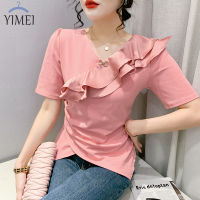 YIMEI เสื้อยืดผู้หญิงสวยๆคอวีเสื้อยืดมีจีบระบายใหม่สำหรับฤดูร้อน2023เสื้อสดใสขนาดเล็กสีชมพูสำหรับผู้หญิงผ้าคอตตอน