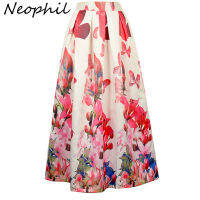 Neophil Ladies Maxi Long Skirts High Waist Black White Lily Flower Floral Printed Pleated Floor Length 100cm Jupe Longue MS07069