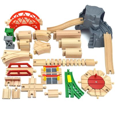 รถไฟไม้บีชสำหรับเด็กอะไหล่ท่าเรือสะพานรางรถไฟทำจากไม้ Biro ใช้ได้กับของเล่นสร้างสรรค์รางไม้