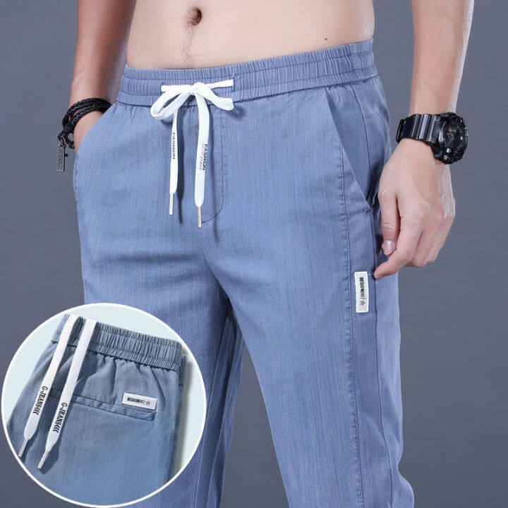 Ice Silk Jeans Men's Slim Fit Straight Men's Pants Summer Thin Korean Fashion Ice Casual Men's