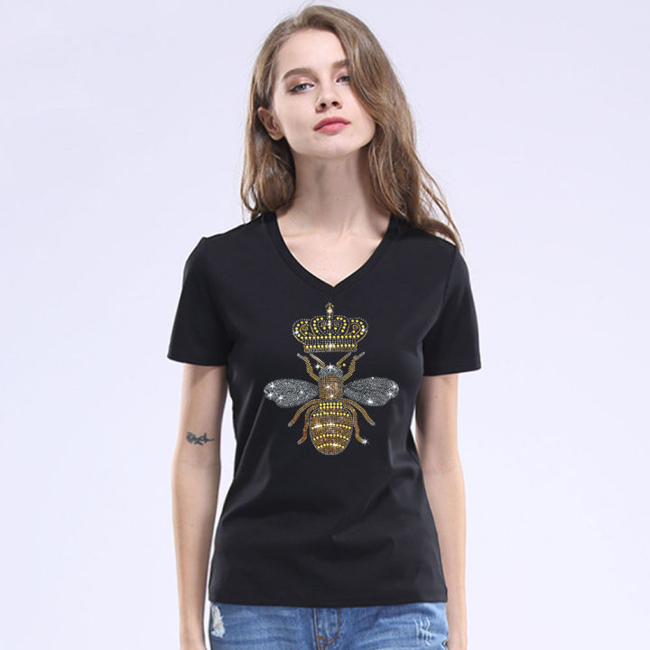 new-arrivals-casual-female-t-shirts-women-crown-bee-diamond-t-shirts-fashion-beaded-blackwhite-rhinestone-ladies-t-shirt