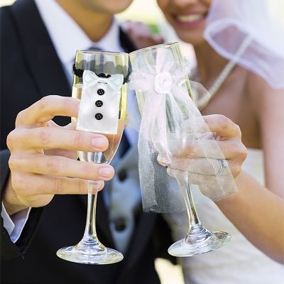 2Pcs Marriage Bride And Groom Wine Cups Glass Bottles Cover Wedding Table Decoration Bachelorette