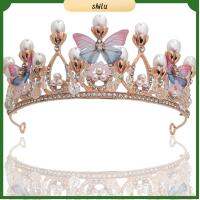 SHILU หมวก แฮนด์เมด รัดเกล้า Rhinestone Tiaras สำหรับเด็กผู้หญิง ที่คาดผมไข่มุก ผีเสื้อ มงกุฏเจ้าหญิง