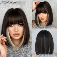 NAMM Natural Black with Ash Blonde Highlight Color Short Straight Bob Wigs Women Synthetic Wig Bangs Cosplay Hair Heat Resistant Wig  Hair Extensions