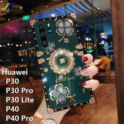 JieFie เคสสำหรับ Huawei P30 / P30 Pro / P30 Lite / P40 / P40 Pro เคสโทรศัพท์สี่เหลี่ยมลายดอกไม้แวววาวหรูหราพร้อมขาตั้งแหวน