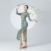 ▼ Improved Hanfu Ice Silk Cheongsam Classical Dance Practice Clothing Female Oriental Dance Printed Practice Clothing Classical Dance Cheongsam Suit