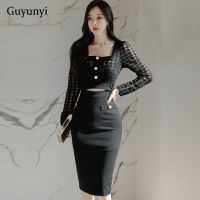 Elegant Party Dress 2022 Spring Square Collar Buttons Upper Body Black Sexy Perspective Lace High Waist Hollow Tight Dress Women