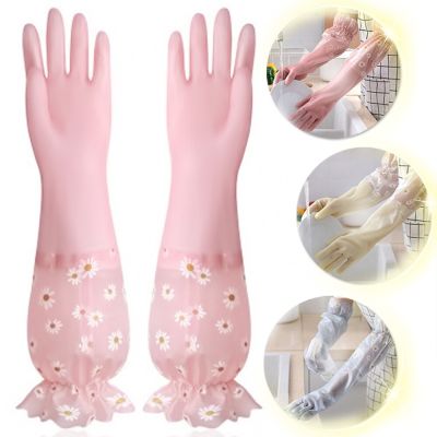 Kitchen Dish Washing Gloves Long Sleeve With Flannel Warm Household Cleaning Rubber Gloves Waterproof Winter Gloves Durable Safety Gloves