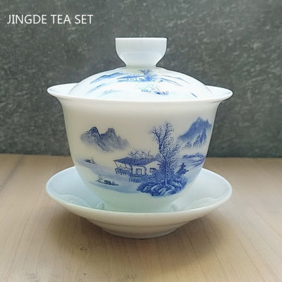 } ”| 》? ถ้วยน้ำชาพอร์ซเลนสีฟ้าและสีขาวทำด้วยมือแก้ชาเซรามิคเดินทางแบบพกพาชุดน้ำชาแก้วบ้าน160มล.
