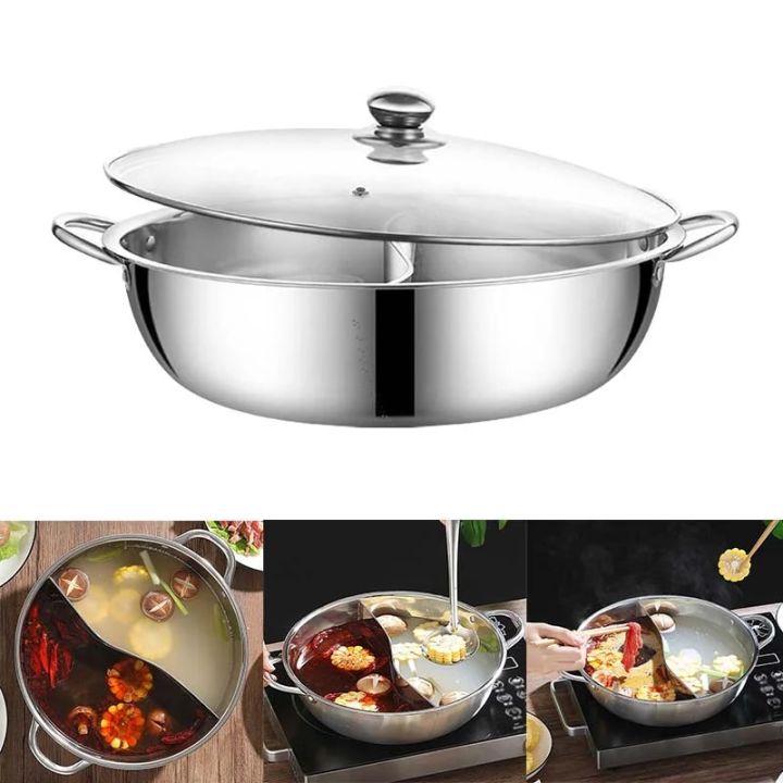 Chinese Hot Pot with Lid Thicken Stainless Steel 2 In 1 Divided