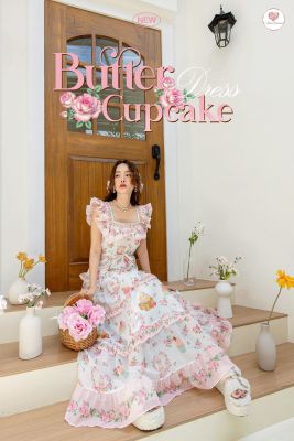 Butter Cupcake Dress เดรสยาวพิมพ์ลาย เดรสยาวสีชมพู เดรสน่ารักๆ เดรสไปคาเฟ่