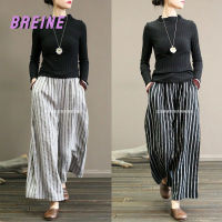 กางเกงลำลองสตรี BREINE Retro Art Linen Striped Loose Wide Leg Pants 503P064