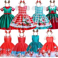 Kids Christmas Party Princess Dresses for Girls Santas Claus/Elk Print Xmas New Year Prom Evening Gown Children 39;s Plaid Dress