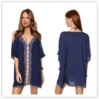 --D0512 Navy blue cotton embroidered beach blouse sexy off-the-shoulder v-neck vacation is prevented bask in unlined upper garment bikini smock