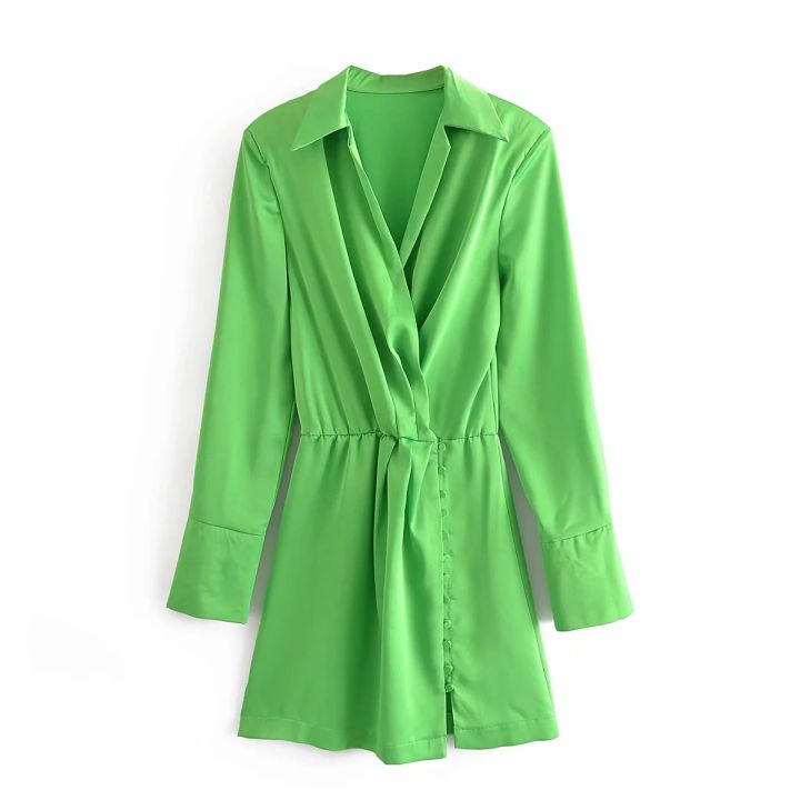 20212021 New Fashion Green Chic Mini Shirt Dress With Shoulder Pads Cozy Long Sleeve Wrap Office Lady Pleated For Beach Holiday