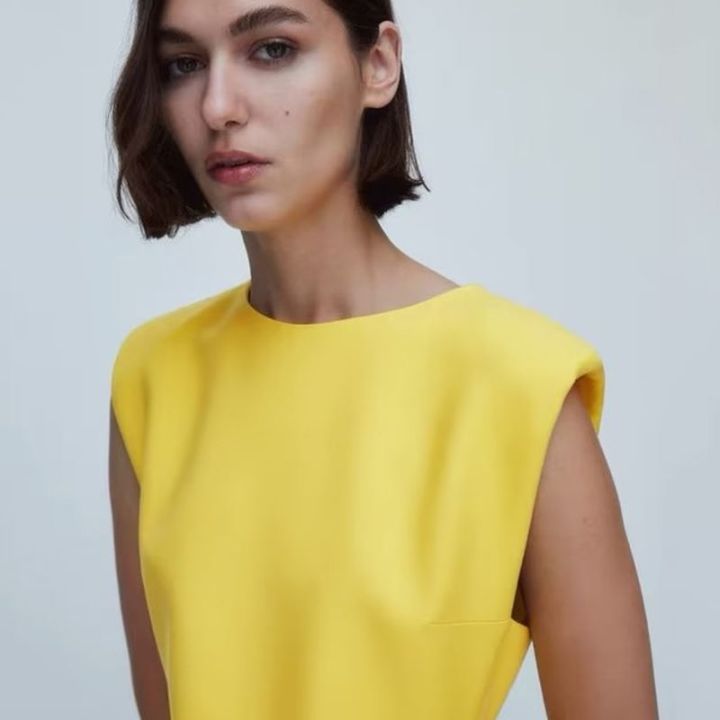 massimo-dutti-เสื้อผ้าสตรี-สินค้าใหม่2022ฤดูใบไม้ร่วงชุดเดรสลมหอมสั้นแขนกุดสีทึบเข้ารูป