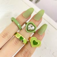 【Hot】 KISSWIFE Vintage Green Heart Rings Set For Women Girls Metal Dripping Oil INS Style Finger Ring Love Crystal Rings Charm Jewelry