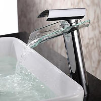 LANGYO Chrome Bathroom Vanity Basin Glass Waterfall Spout Cold Hot Water Mixer ss Taps Deck Mount Faucets