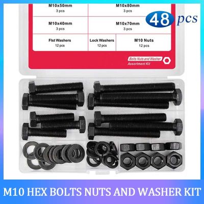48PCS M10 Black Grade 8.8 Carbon Steel External Hex Hexagon Head Bolts Screws and Nut Flat Spring Washer Assortment Kit Nails  Screws Fasteners