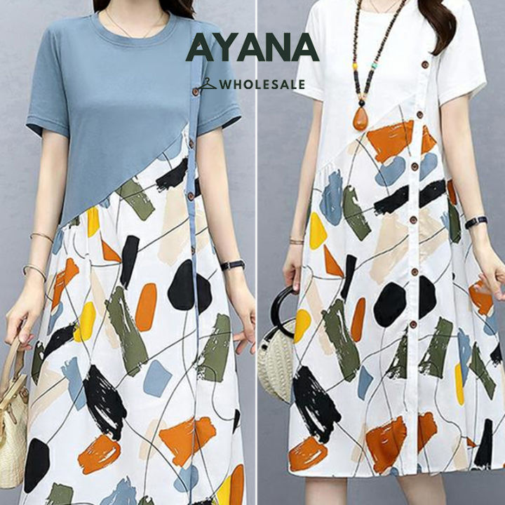 ชุดเดรสสไตล์เกาหลี-เสื้อผ้าสำหรับผู้หญิง-แขนสั้นผู้หญิงขนาดใหญ่พิมพ์กลางยาว-2023-ใหม่