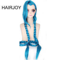 HAIRJOY คอสเพลย์ Lol Jinx 100ซม. ยาวสีฟ้าคู่ ids ฮาโลวีนอะนิเมะเครื่องแต่งกายวิกผมสังเคราะห์ทนความร้อน