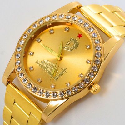 ❀❀ Gypsophila waterproof luminous mens steel belt gold watch gift for the elderly diamond non-mechanical wool