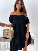 Summer Cotton Pure Color Slash neck Lantern Sleeve Mini dress Women  Casual off shoulder Party Ruffles Ladies dresses Femme