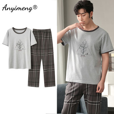 Mens Fresh Pajamas 3xl 4xl Sleepwear Short Sleeved Long Pants Cotton Leisure Pyjamas for Boy Plaid Pants Men Summer Nightwear