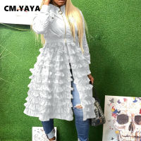 CM.YAYA Autumn Winter Women Mesh Cascading Ruffles Patchwork Big Swing Zipper Fly Skirt Long Jacket Elegant Fashion Outcoat