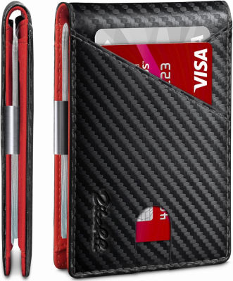 Zitahli Wallet for Men - with Money Clip Slim Leather Slots Credit Card Holder RFID Blocking Bifold Minimalist Wallets with Gift Box Carbon Black and Red