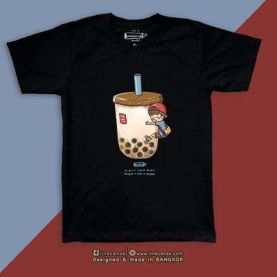 เสื้อยืดพรีเมียมสีดำลายชานมไข่มุกชายและหญิง Black premium cotton 100 T-shirt Boba Girl&amp;Boy Tea