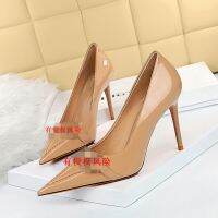 826-1 Korean fashion slim high heel shiny lacquer leather shallow mouth pointed metal buckle decorative single shoe