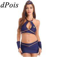 Navy Blue Womens Flight Attendant Stewardess Uniform Cosplay Outfit Halloween Role Play Costumes Sexy Air Hostess Lingerie Sets