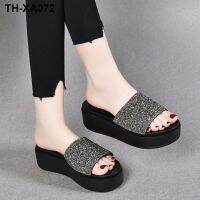 High-heeled rhinestone sequined slippers women summer wear 2023 new Korean version all-match thick-soled muffin bottom word sandals women