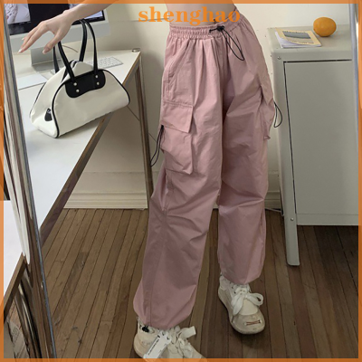 shenghao กางเกงขากว้างสำหรับผู้หญิงกางเกงคาร์โก้เอวสูงลำลองมีกระเป๋าขนาดใหญ่