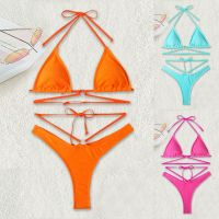 【TAKU Swimsuit】 ชุดว่ายน้ำบิกินี2023ใหม่บิกินี่สุดเซ็กซี่สีลูกอมสายรัดเอวสูงฟลูออเรสเซนต์