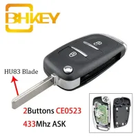 Bhkey กุญแจรถอัจฉริยะ Ce0523สำหรับ Peugeot 307 407 607 2005-2011 Hu83 Kunci Remote Mobil/ใบมีด Va2 2/3ปุ่ม433Mhz ขอ