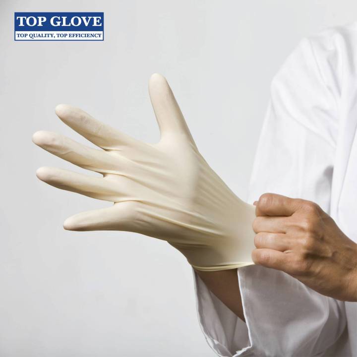 ถุงมือยางธรรมชาติ-แบบมีแป้ง-top-glove-latex-disposable-powdered-glove-100-ชิ้นต่อกล่อง