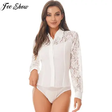 Women Sexy Solid Chiffon Long Sleeve Lace Bodysuits Patchwork