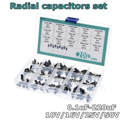 200pcs/lot Radial capacitors set 15Values 0.1uF 220uF Electrolytic Capacitor Assortment Kit 10V/16V/25V/50V capacitor pack
