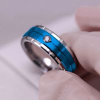 【CW】 New Fashion 8mm Men 39;s Double Groove Beveled Stainless Steel Ring Blue Brushed Inlay AAA Zircon Ring Men 39;s Wedding Band Jewelry