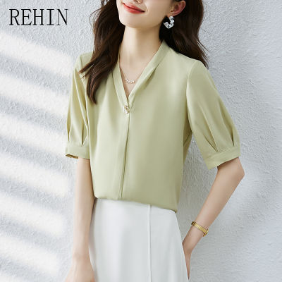 REHIN เสื้อผู้หญิงแขนสั้นคอวีเสื้อสตรีผ้าซาตินอเนกประสงค์,แฟชั่นสไตล์เกาหลีแบบใหม่ฤดูร้อน