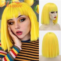 Yellow Bob Wig With Bangs 12 Inch Short Synthetic Fiber Bob Wigs for Women Short Bob Wigs Cosplay Bob Wig With One Cap VIVIEIEI [ Hot sell ] TOY CENTER