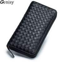 ZZOOI Handmade Sheep Skin Women Weave Leather Long Wallet Purse Men Genuine Leather Knit Wallet with Card Slots Zip Phone Clutch Bag