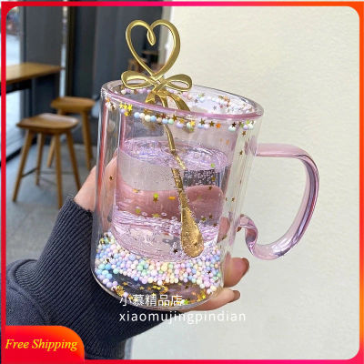 Girl Heart Bubble Starry Sky Cup Star Sequin Double Wall Glass Cup Handle Heat-resistant Milk Cup Kawaii Cup Cute Coffee Mug