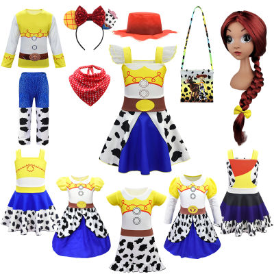 2023 Girls Jessie Dress Up Halloween Children Woody Cosplay Costume Party Kids Masquerade Clothes Cowboy Hat ผ้าพันคอสีแดง...